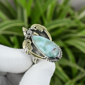 Larimar Ring 925 Sterling Silver Ring Adjustable Ring 18K Gold Plated Handmade Original Gemstone Jewelry Parrot Ring Gift For Mother