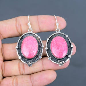 Handmade Oval Thulite Earrings: 925 Sterling Silver Gemstone Jewelry