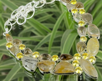 Collar de rutilo dorado multipiedra: hecho a mano en plata de ley 925