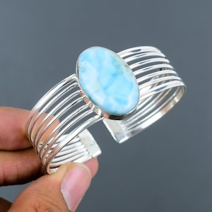 Larimar Cuff Bracelet 925 Sterling Silver Adjustable Bangle Natural Gemstone Cuff Bracelet Handmade Bangle Birthstone Jewelry Gifts For Wife