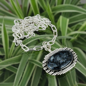 Handmade Larvikite Necklace: Oval Gemstone, 925 Sterling Silver, Adjustable Boho Chain