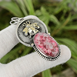 Handmade Thulite Gemstone Pendant: Sterling Silver 18K Gold Bee