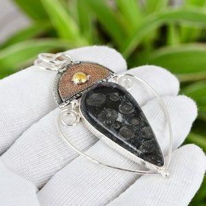 Black Fossil Coral Pendant 925 Sterling Silver Pendant 18K Gold Plated Rose Gold Plated Natural Gemstone Pendant Handmade Jewelry