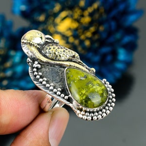 Valuable Vasonite Parrot Ring, 18K Gold Plated Gemstone Ring, Green Stackable Adjustable Ring, 925 Sterling Silver Jewelry, Wedding Gift