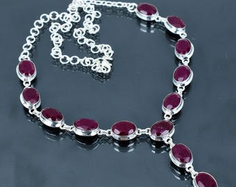 Faceted Kashmir Ruby Necklace: Handmade 925 Sterling Silver, Adjustable