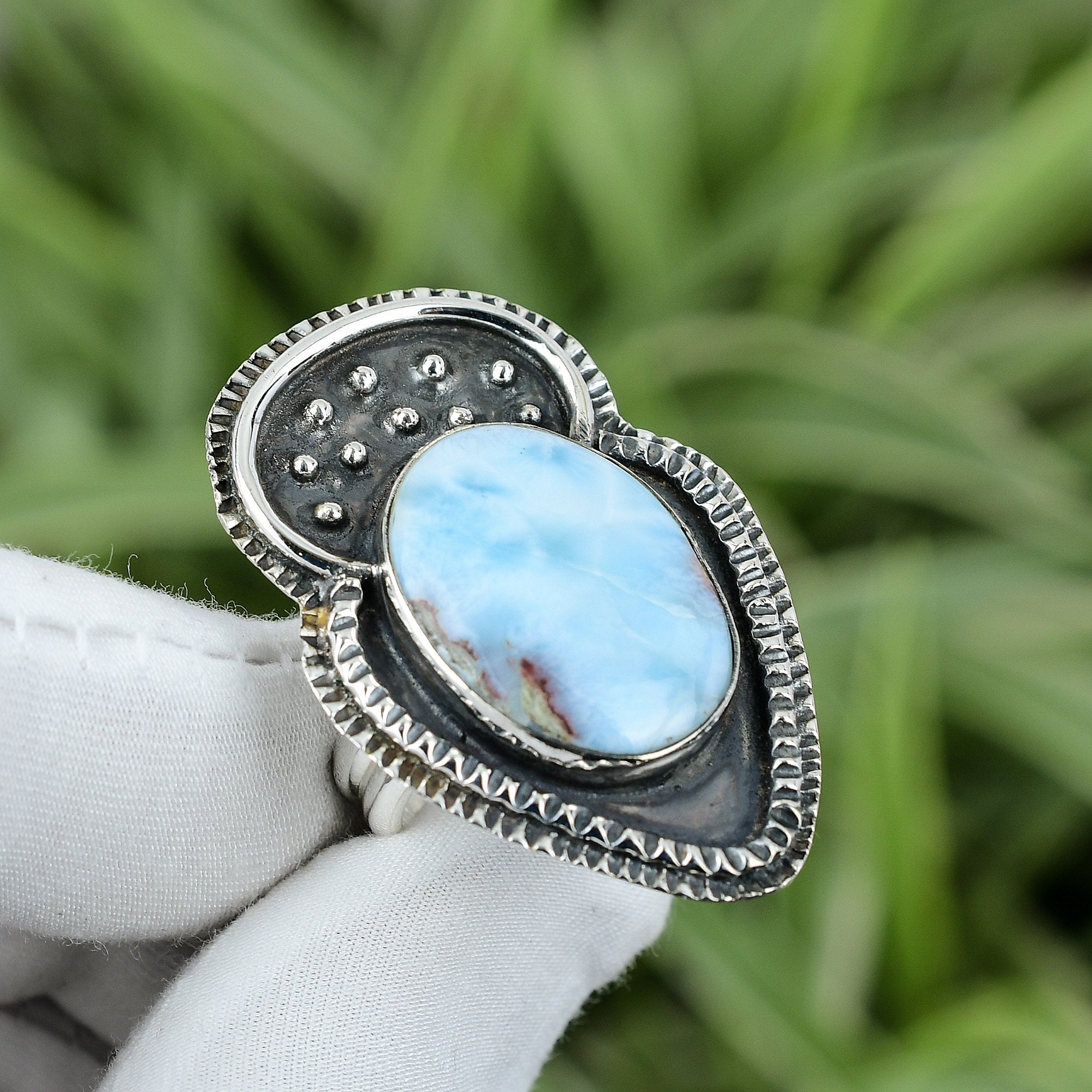 Natural Oval Larimar Sterling Silver Ring For Women & Men – 925 Silver Filigree Chunky Statement Ring, Dominican Gemstone Gift