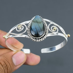Labradorite Bangle 925 Sterling Silver Adjustable Bangle 18K Gold Plated Handmade Labradorite Jewelry Gemstone Cuff Bracelet Wedding Gift