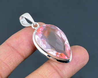 Pendentif En Argent Sterling 925 Avec Kunzite - Fait Main, Réglable, Pierre Créée En Labo, Neuf Sans Emballage