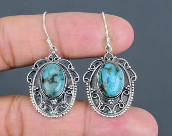 Tibetan Turquoise Earrings: Sterling Silver Vintage Boho Jewelry