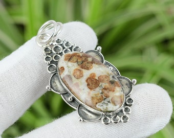 Handmade Spessartine Garnet in Limestone Pendant: 925 Sterling Silver