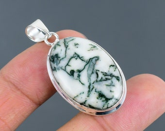 Handmade Tree Agate Pendant: Oval 925 Sterling Silver Gemstone Jewelry