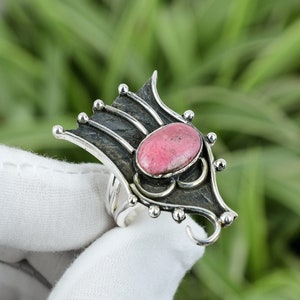 Bague rhodonite faite main : pierre précieuse ovale, argent sterling 925, taille 9