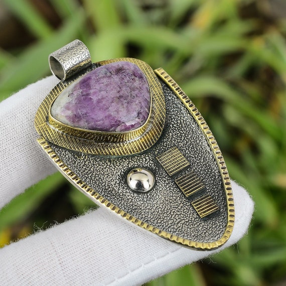 Pendentif En Argent 925 Plaqué Or Avec Améthyste - Fait Main En Inde, Pierre Violette, Chaîne Ajustable, Bijou Unique