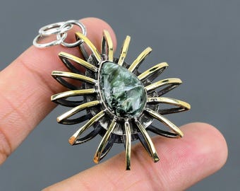 Handmade Seraphinite Sterling Silver Pendant, 18k Gold Plated Cage Design (59mm)