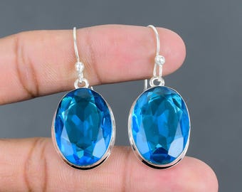 Faceted Swiss Blue Topaz Earrings: Handmade 925 Sterling Silver