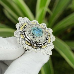 Handmade K2 Jasper Ring: 925 Sterling Silver, 18K Gold Plated, Adjustable