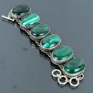 Handmade Malachite Bracelet: 925 Sterling Silver Adjustable Chain