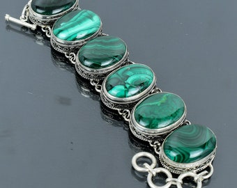Handmade Malachite Bracelet: 925 Sterling Silver Adjustable Chain