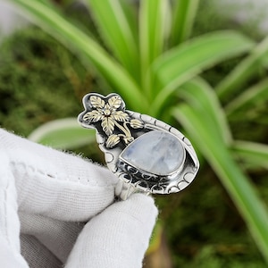 Handmade Rainbow Moonstone Ring: 18K Gold Plated Flower, Sterling Silver Adjustable Band