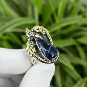 Sodalite Ring 925 Sterling Silver Ring Adjustable Ring 18K Gold Plated Genuine Gemstone Ring Handmade Women Jewelry Bridal Shower Gift