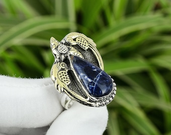 Handmade Pear Sodalite Ring: 18K Gold Plated 925 Sterling Silver, Adjustable