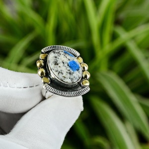 Handmade K2 Jasper Ring: 18K Gold & Sterling Silver Adjustable Band