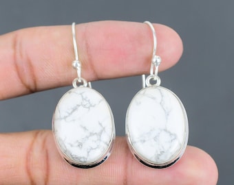 Handmade Sterling Silver Howlite Earrings, Oval Gemstone, Calming Jewelry