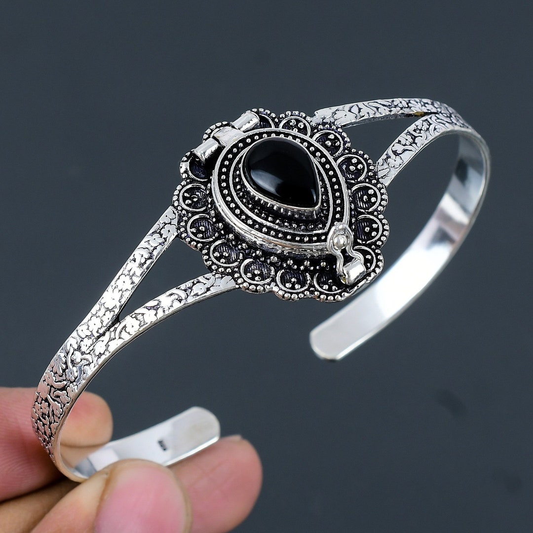Black Onyx Sterling Silver Cuff Bracelet - Adjustable Poison Box Bangle ...