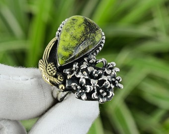 Handmade Stichtite Ring: 925 Sterling Silver, 18K Gold Plated, Adjustable