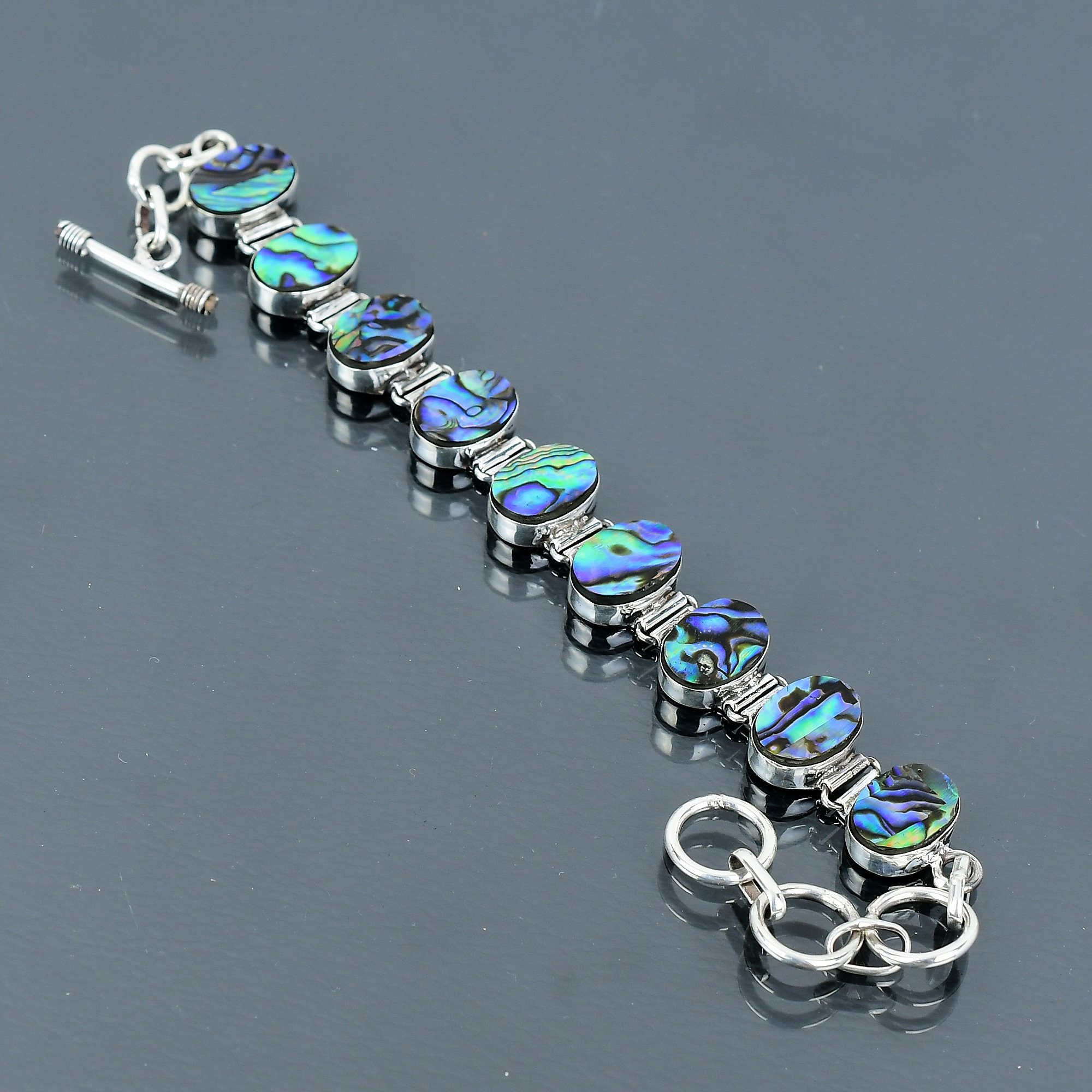 Pulsera de concha de abulón, plata de ley 925, con piedras preciosas ovaladas, para mujer, hecha a mano, regalo de Navidad. - España Pulsera de concha de abulón, plata de ley 925, con piedras preciosas ovaladas, para mujer, hecha a mano, regalo de Navidad. - España