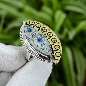Handmade K2 Jasper Ring: 18K Gold & Sterling Silver Adjustable Statement Ring