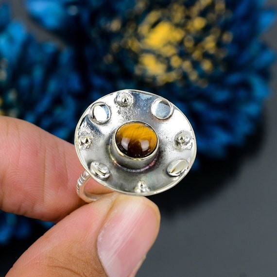 ハンドメイドタイガーアイリング：925スターリングシルバーソリティア