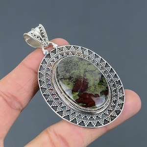 Handmade Dragon Bloodstone 925 Sterling Silver Pendant: Vintage Gemstone Jewelry