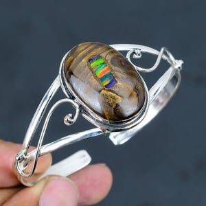 Ethopian opal in boulder opal bangle 925 sterling silver cuff bracelet handmade adjustable bangle antique jewelry gemstone bangle for gifts