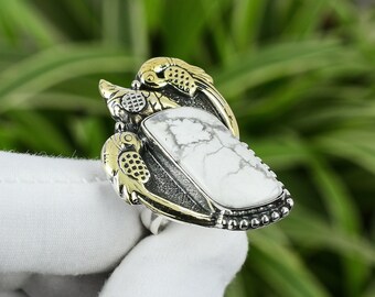 Handmade Howlite Parrot Ring: 925 Sterling Silver Adjustable Boho Jewelry