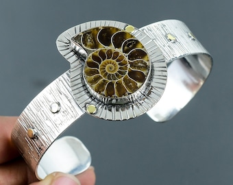 Ammonite Fossil Bangle: Handmade 925 Sterling Silver Cuff Bracelet