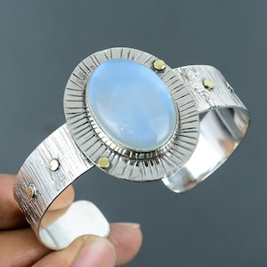Handmade Rainbow Moonstone Cuff Bracelet: Adjustable 925 Sterling Silver Bangle