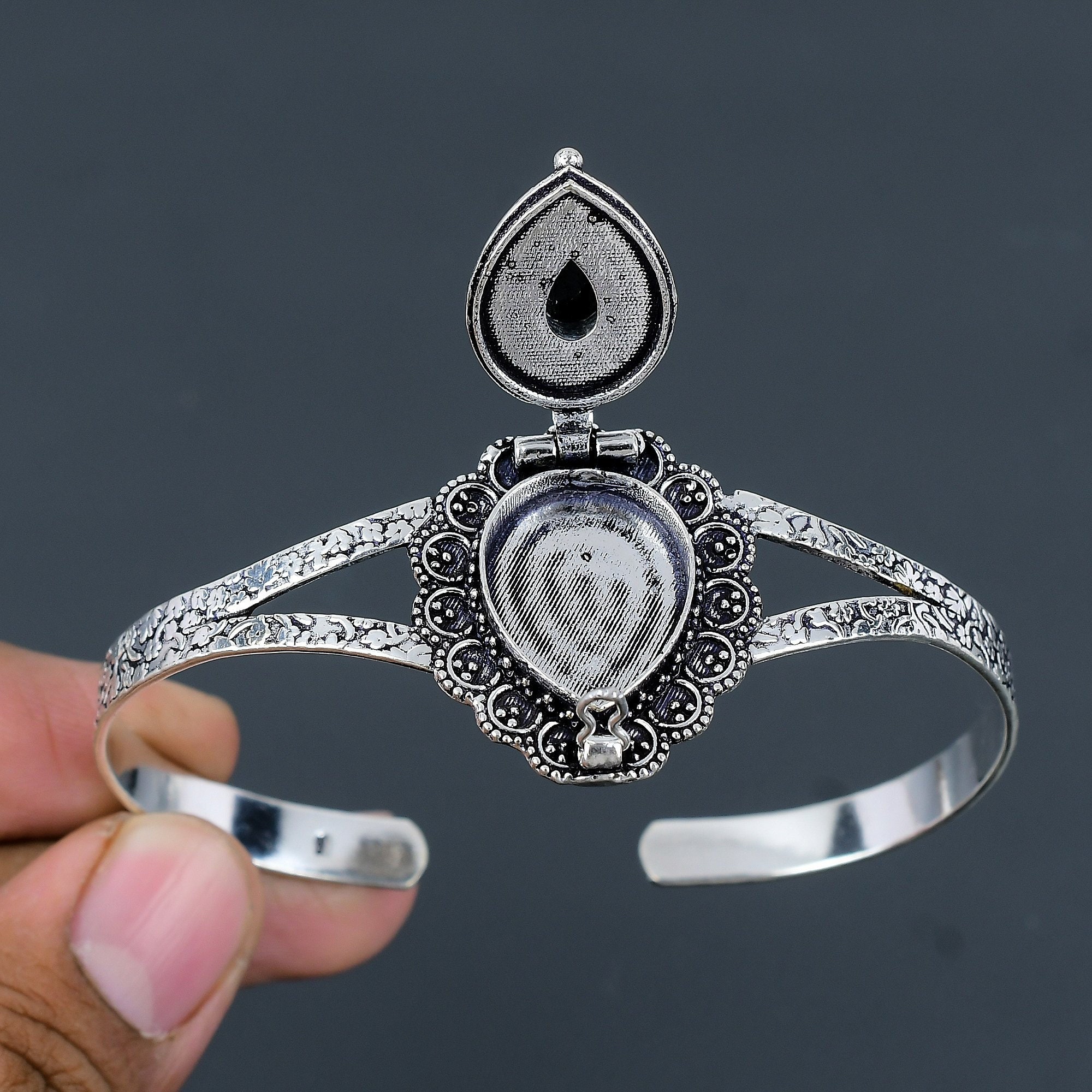 Black Onyx Sterling Silver Cuff Bracelet - Adjustable Poison Box Bangle ...