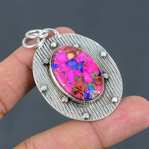 Handmade Kingman Pink Dahlia Turquoise 925 Sterling Silver Pendant