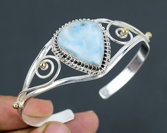 Handmade Larimar Cuff Bracelet: 925 Sterling Silver, 18K Gold Plated