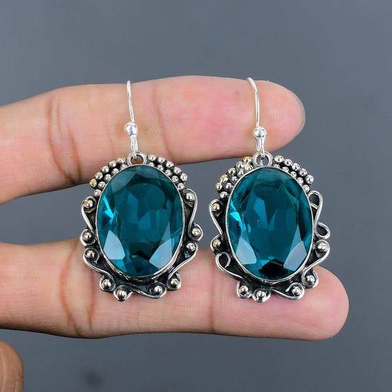 Boucles D'oreilles Pendantes Argent 925 Plaqué étoile Avec Cristal Bleu Turquoise à Facettes - Dormeuses, Marque Tres.Or