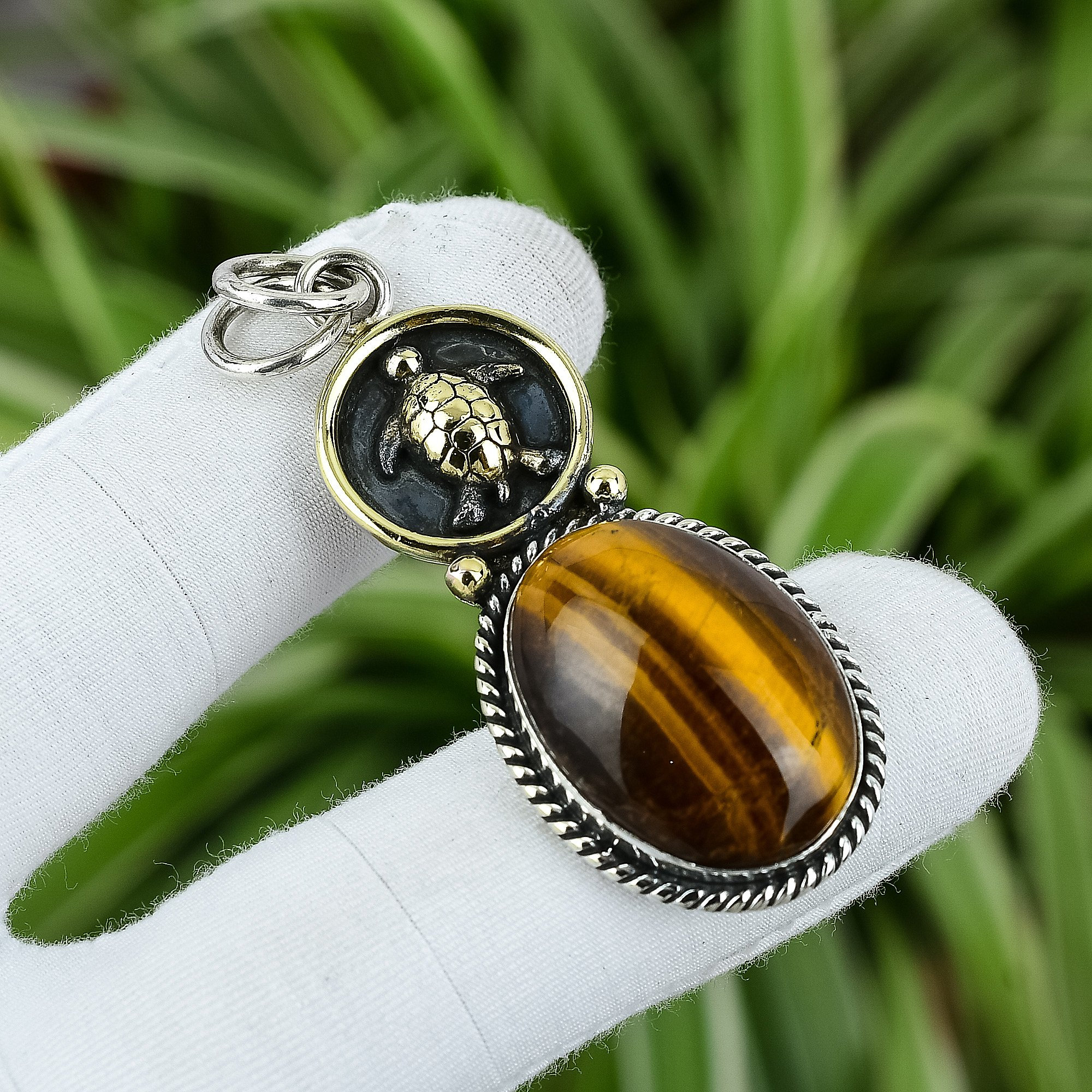 Tiger s Eye Pendant 925 Sterling Silver Pendant 18K Gold Plated