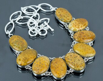 Fossile Koralle 925 Sterling Silber Halskette - Verstellbarer Edelsteinschmuck
