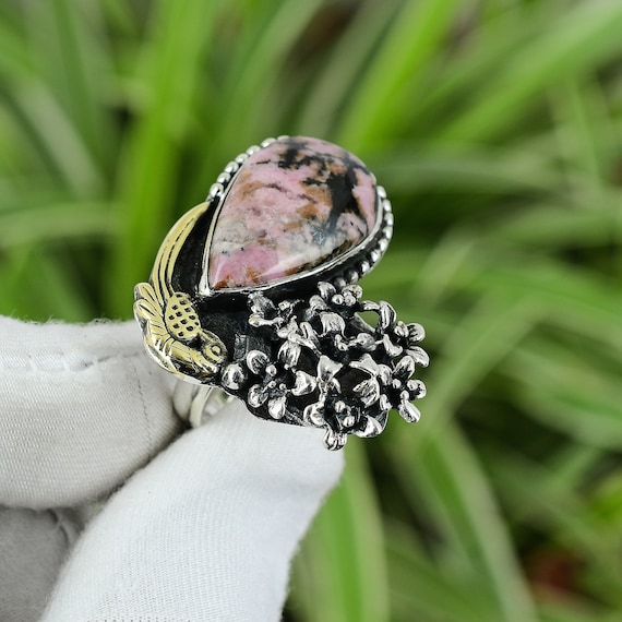 Rhodonite Ring 925 Sterling Silver Ring Adjustable Ring 18K Gold