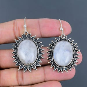 Handmade Rainbow Moonstone Earrings: 925 Sterling Silver Gemstone Jewelry