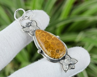 Handgemachte Fossil Koralle 925 Sterling Silber Tropfen Anhänger: Boho Schmuck