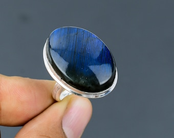 Bague labradorite ovale faite main : argent sterling 925 réglable