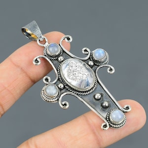 Sterling Silver Cross Pendant: Titanium Druzy & Rainbow Moonstone