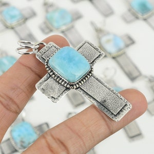 Larimar Gemstone Pendant 925 Sterling Silver Pendant Handmade Cross Pendant Larimar Silver Pendant Gift For Mom Larimar Jewelry For Her