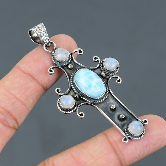 Pendentif Larimar Jasper Bleu - Argent 925 - Longueur 1,5 Pouce - Neuf Sans Emballage